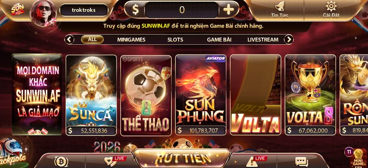 Sảnh game Sunwin đa dạng hình thức thể loại game.